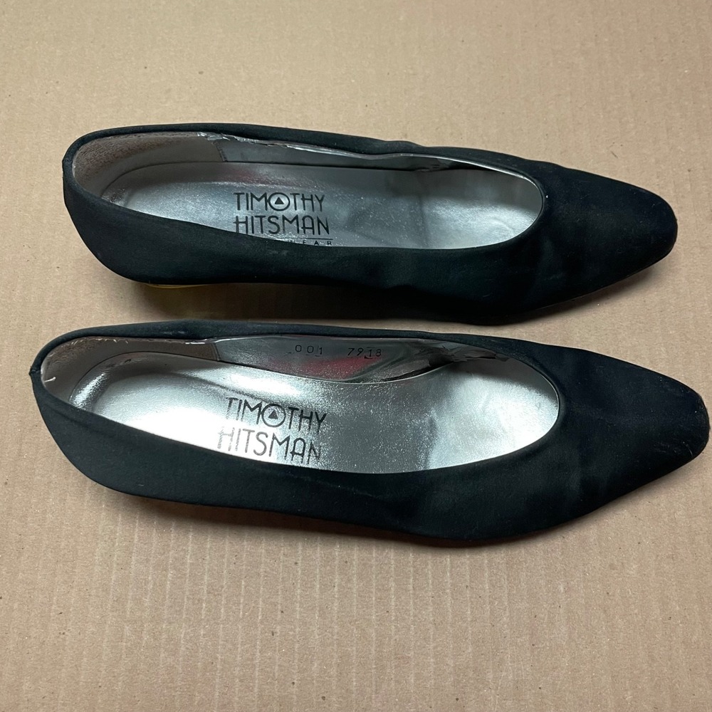 Vintage Timothy Hitsman Women's 8.5 Black Suede Lucite Block Heels Silver Lining